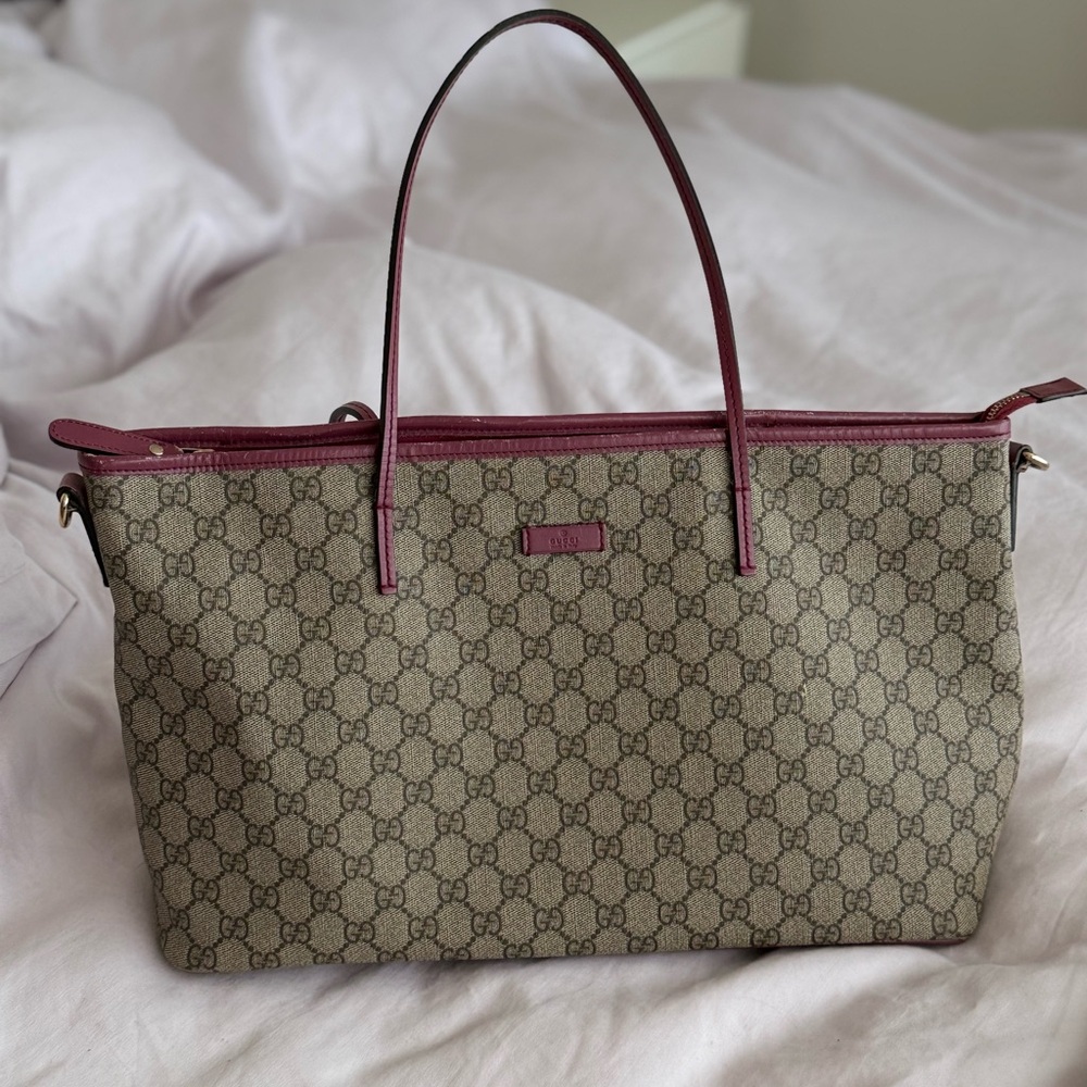 Gucci GG Canvas Tote with Pink Leather Trim
